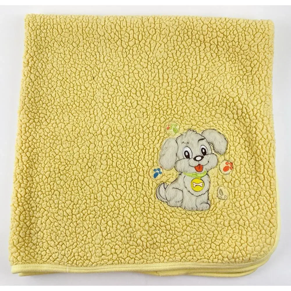 Vintage Yellow Baby Blanket Dog Sherpa Lovey Bones Tan Blonde Green Collar Tongu